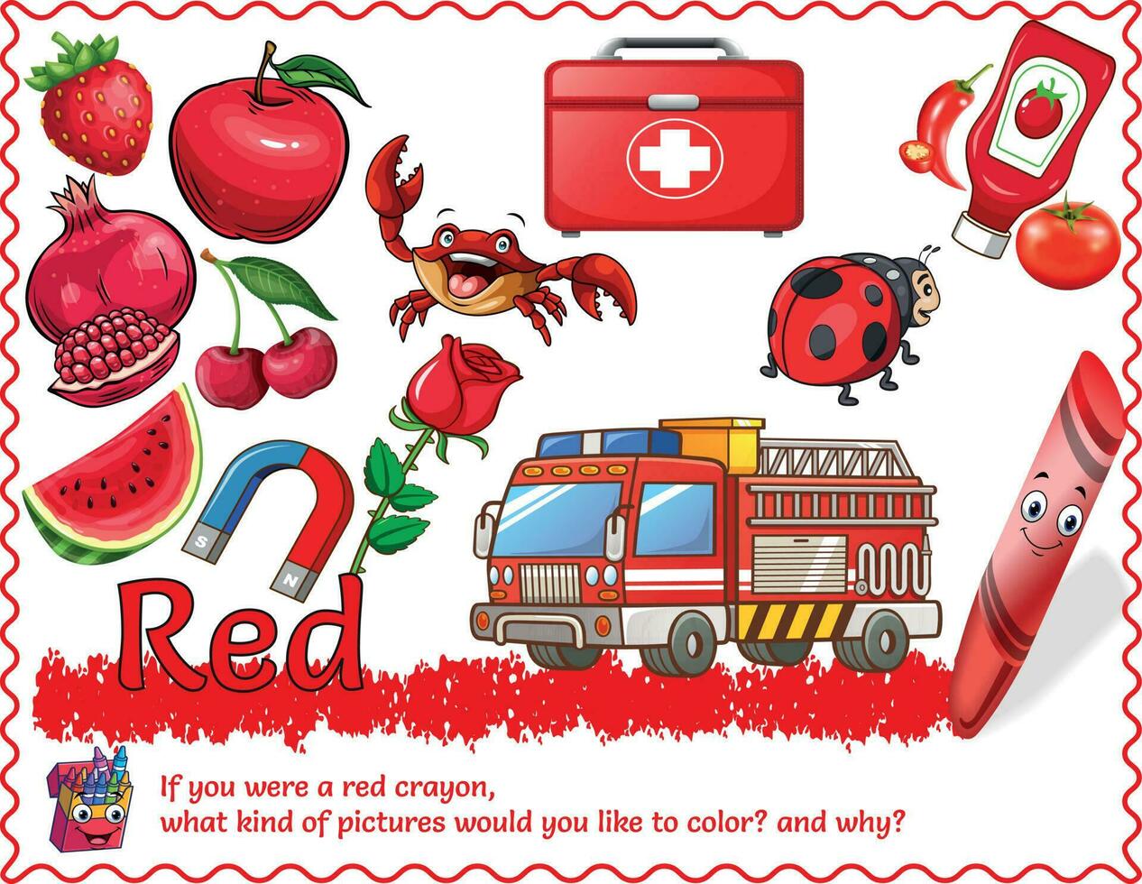 A Red Poster includes the written color name and various objects that are that color. Ideal in the classroom and a great addition as a word wall. With logic, critical questions for smart kids. vector