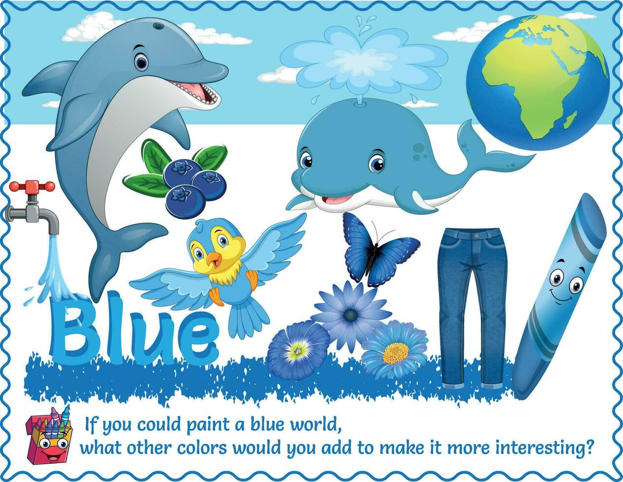 A Blue Poster includes the written color name and various objects that are that color. Ideal in the classroom and a great addition as a word wall. With logic, critical questions for smart kids. vector