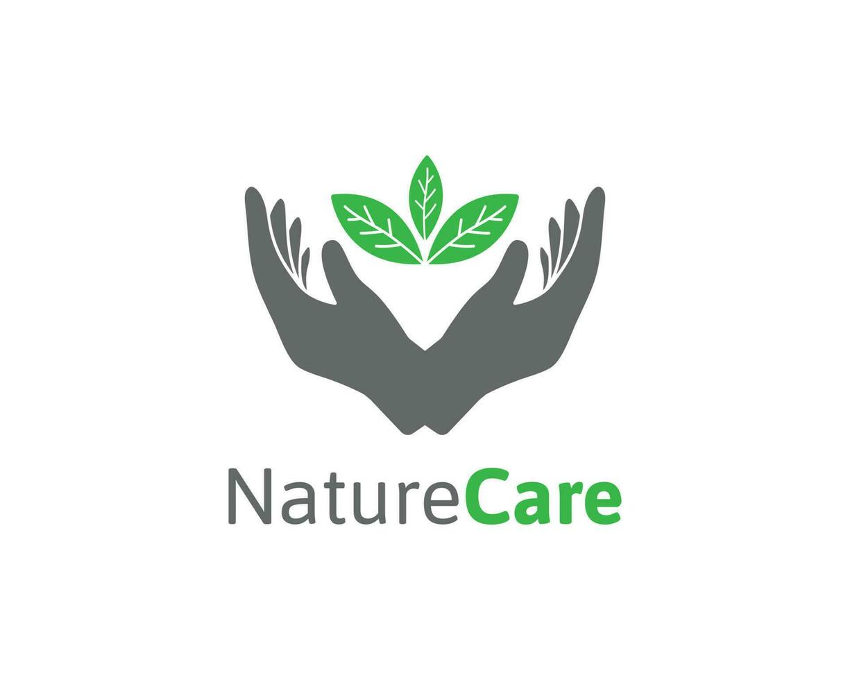 naturaleza cuidado logo con hoja y mano ilustración vector