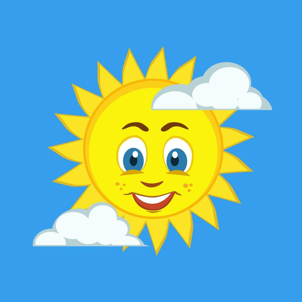 Vector cartoon illustration of cute sun with clouds