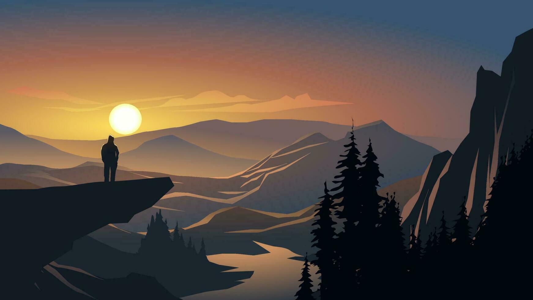 Vector illustration of foggy sunset over mountains with silhouette of a man on the hill