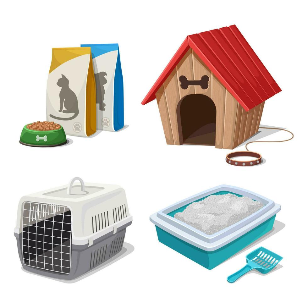 Vector cartoon style veterinary cat and dog food, carrier, house and litter box.