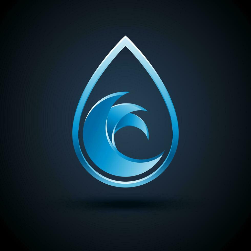 Vector abstract blue water drop logo design with shadow on dark background.