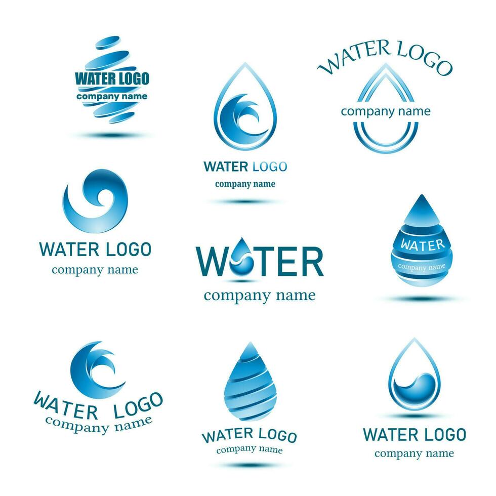 Vector blue mineral water logo collection with drops and waves.