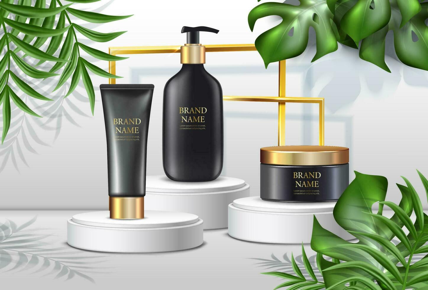 Vector summer cosmetics background, advertisement with palms ans black cream bottles with golden lids and sunshine spots and golden frame on white stand.