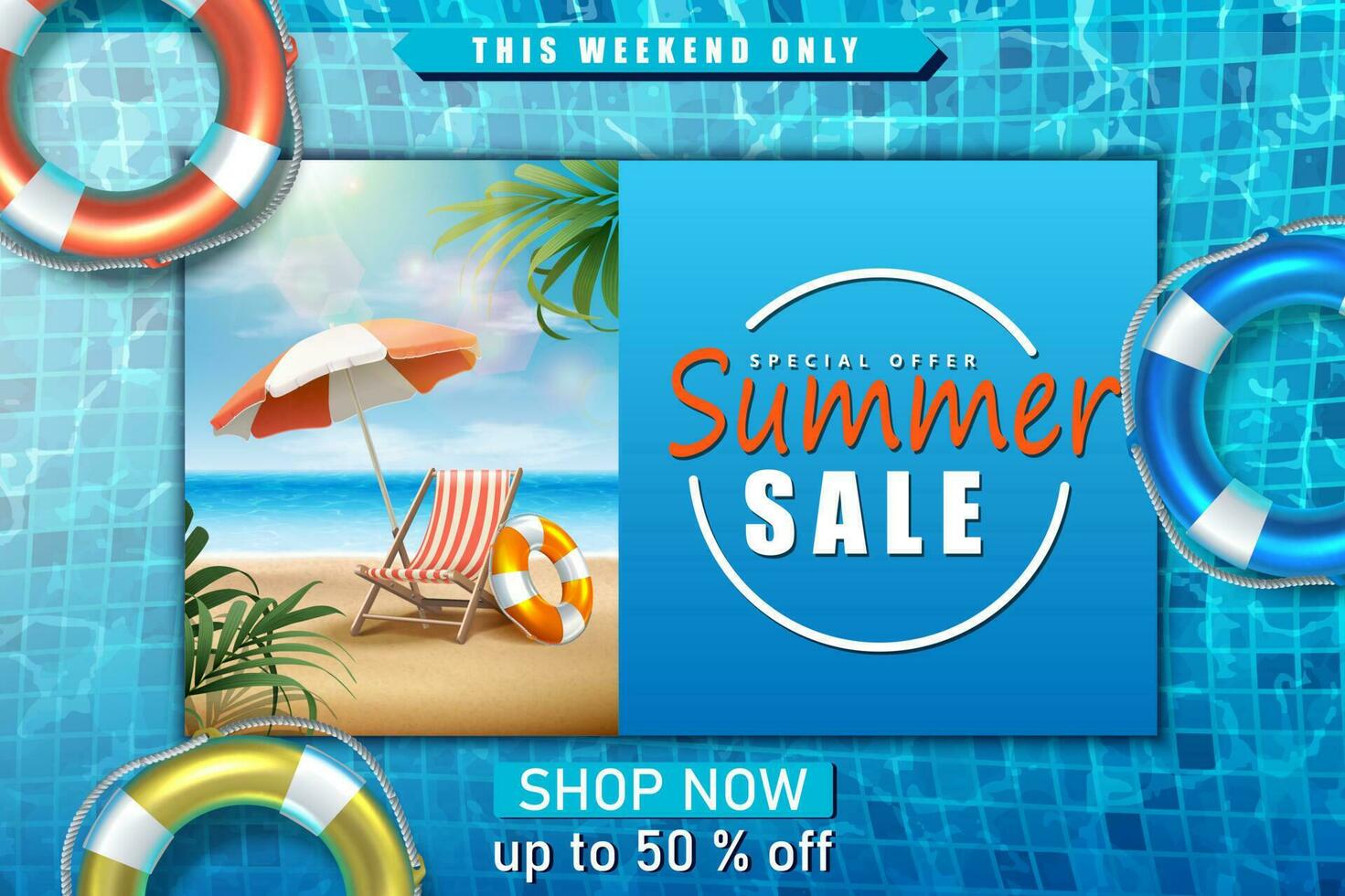 Vector summer sale banner template. with sea background sunbed with umbrella and pool with inflatable rings.