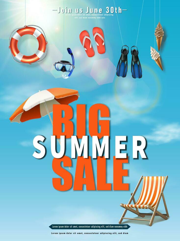 Vector summer sale big background with hanging elements on blue sky background.