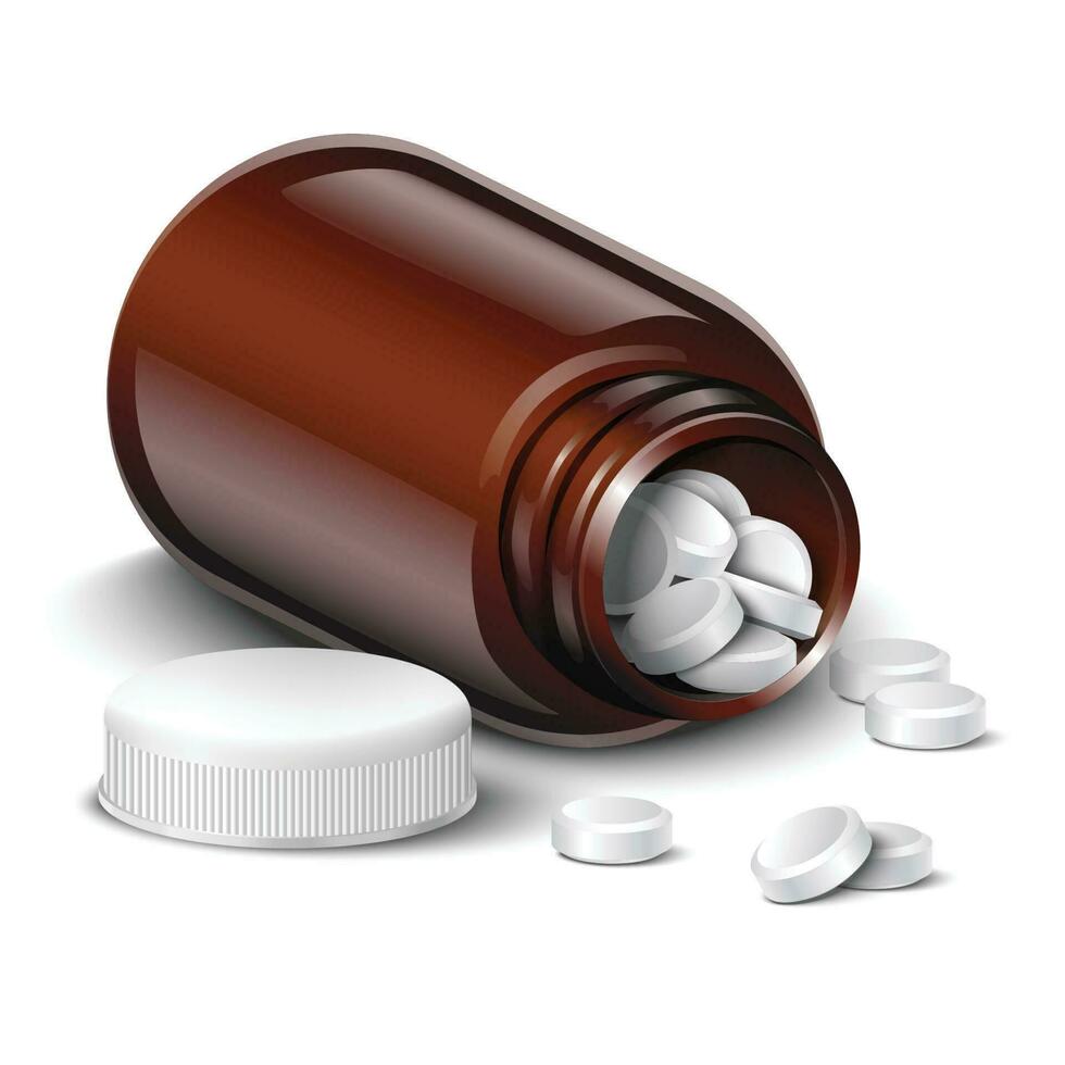 3d realistic vector tilted brown glass bottle of medicine with white pills, isolated on white background.