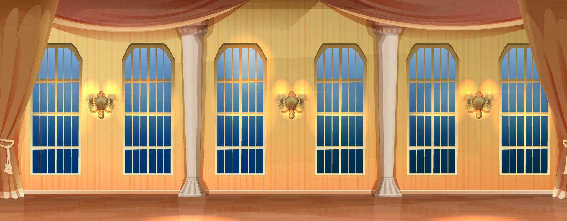 Vector cartoon style illustration. Castle indoor interior. Hall luxury medieval palace with big windows and long curtains with wall lamps.