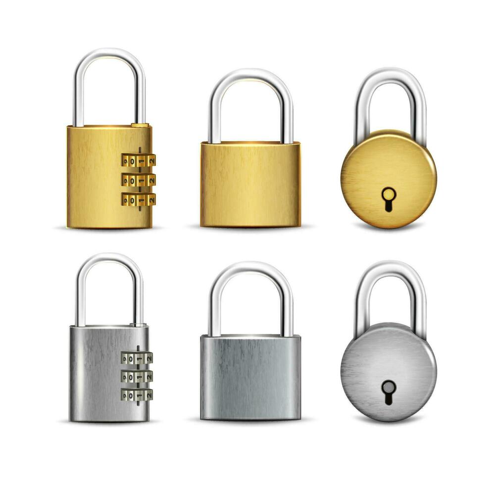 3d realistic vector set of round, square  golden  and silver padlocks open and closed.