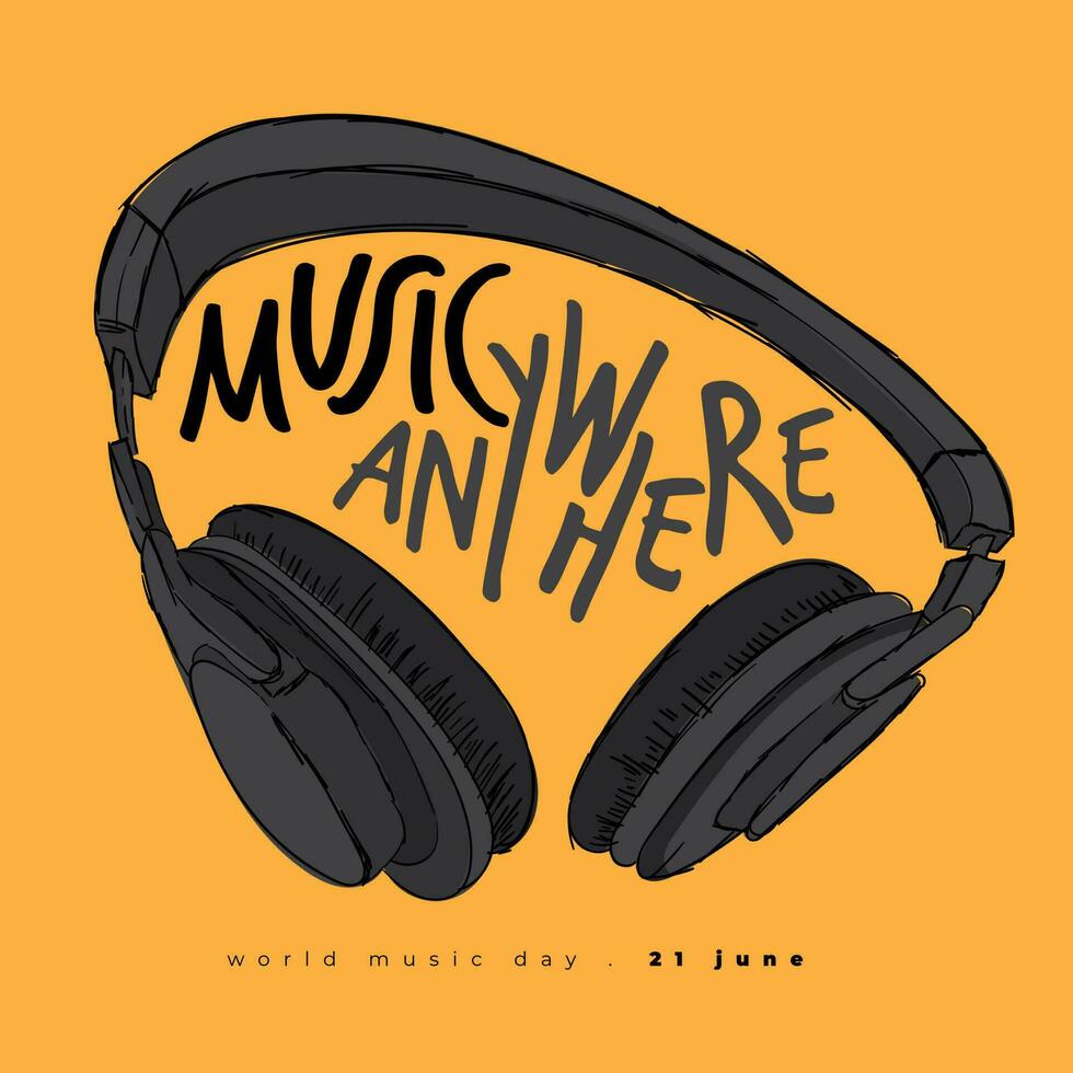 Illustration of headphone in hand drawn design for world music day template vector