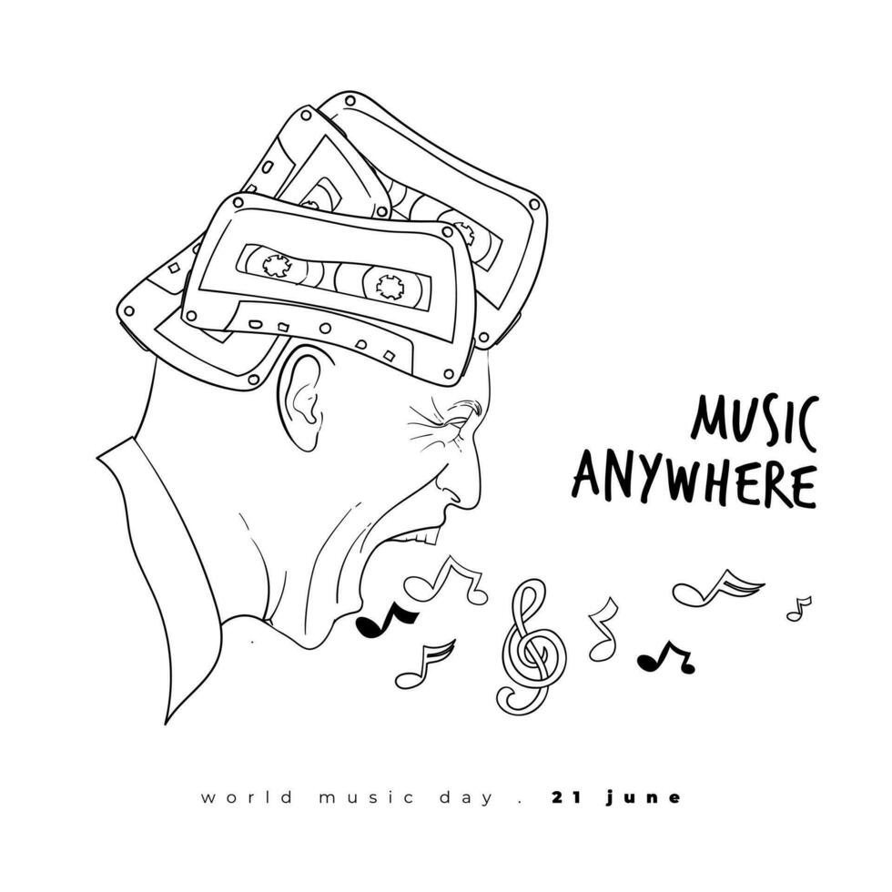Screaming human when singing illustration with cassette on head for music day or music cover design vector