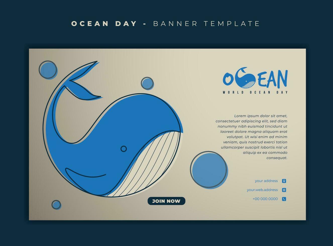 bandera modelo diseño con linda circulo de ballena para mundo Oceano día Campaña diseño vector