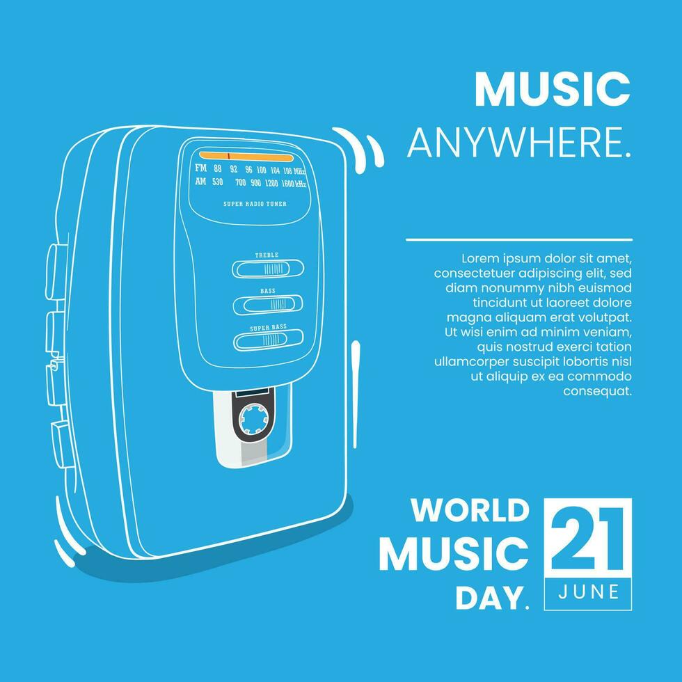 World music day with vintage music player portable or portable cassette player in line art design vector