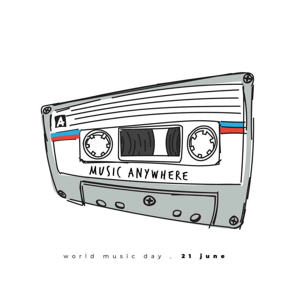 Retro tape cassette vector illustration in hand drawn design for world music day template