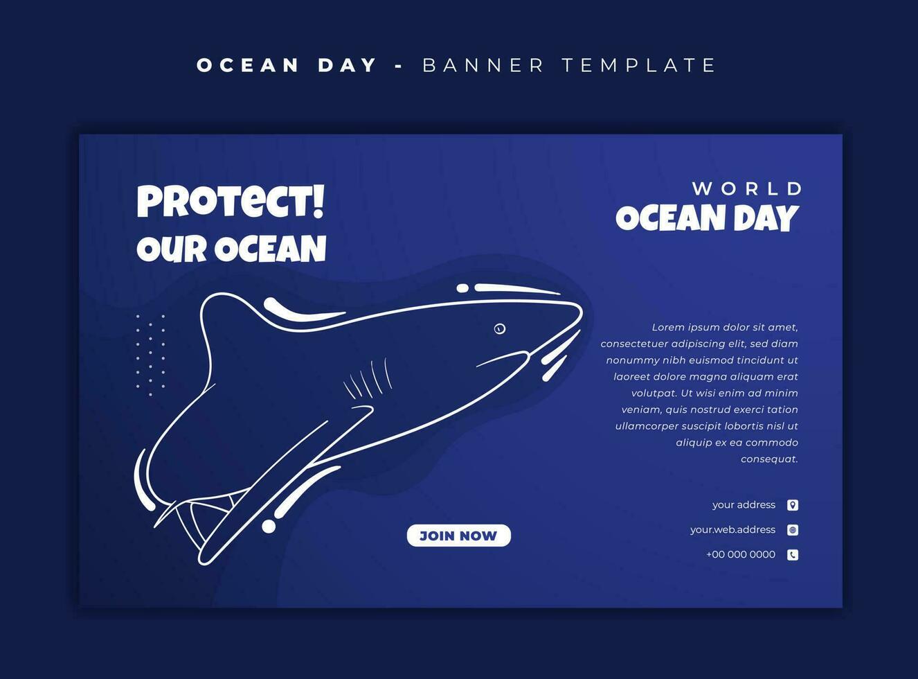 bandera modelo diseño con blanco línea Arte de tiburón para mundo Oceano día diseño vector