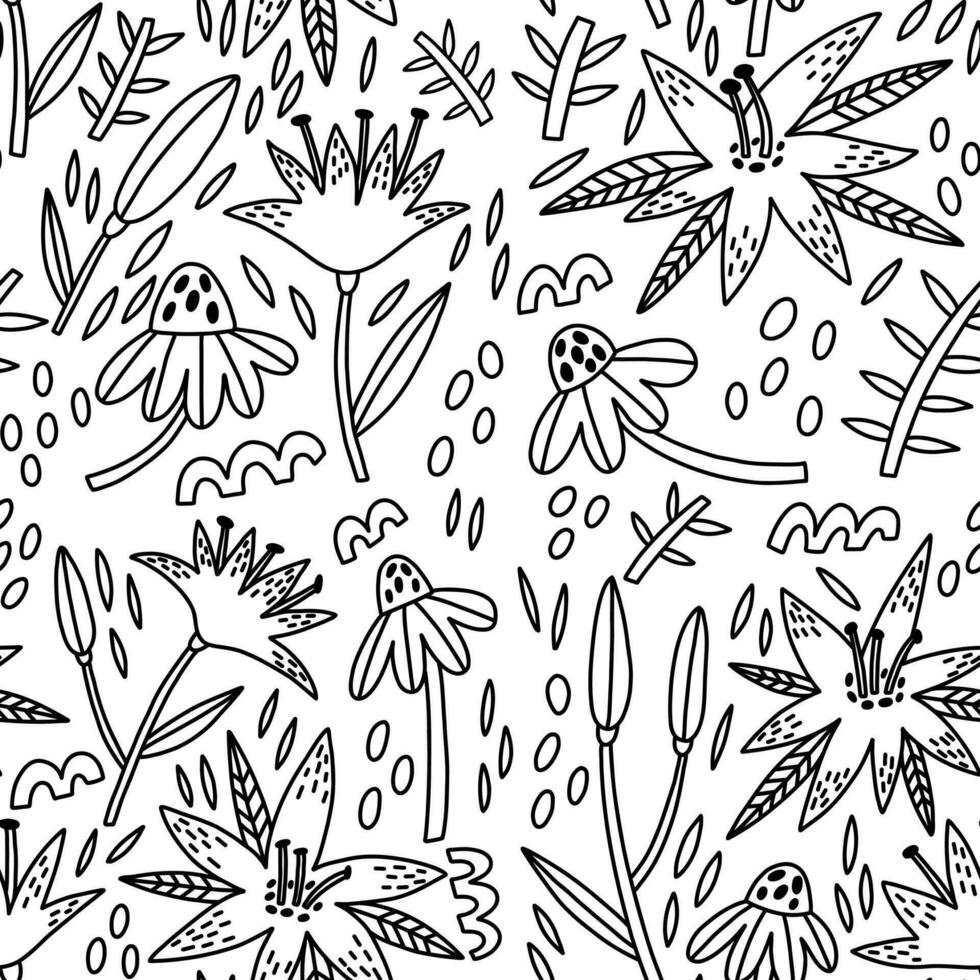 Doodle Wildflower Lily Camomile seamless pattern vector