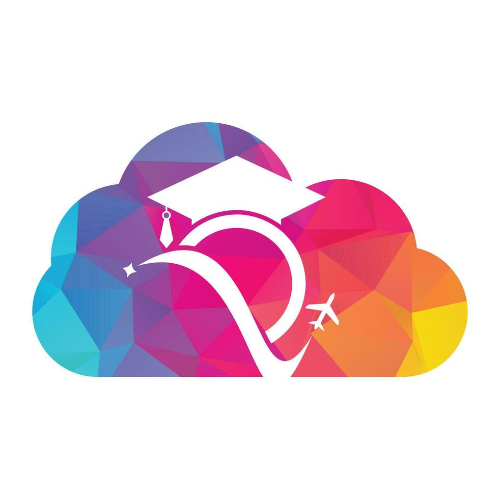 Study travel cloud shape concept logo design template. Education hat and air plane logo design logo. vector