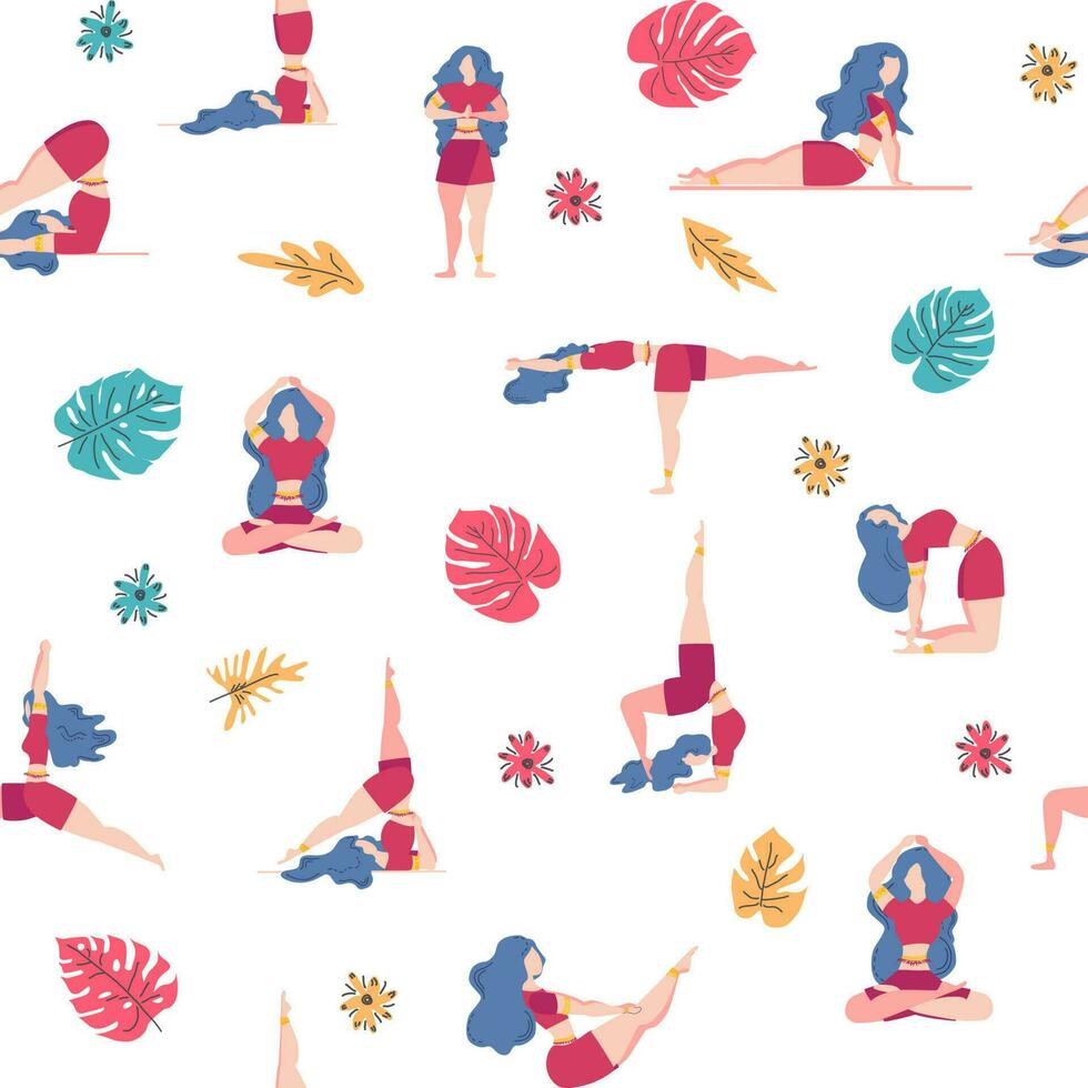 Yoga seamless pattern woman is engaged. Yoga poses, lotus, monstera. Health of mind and body vector