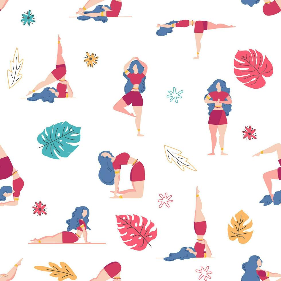 Yoga seamless pattern woman is engaged. Yoga poses, lotus, monstera. Health of mind and body vector