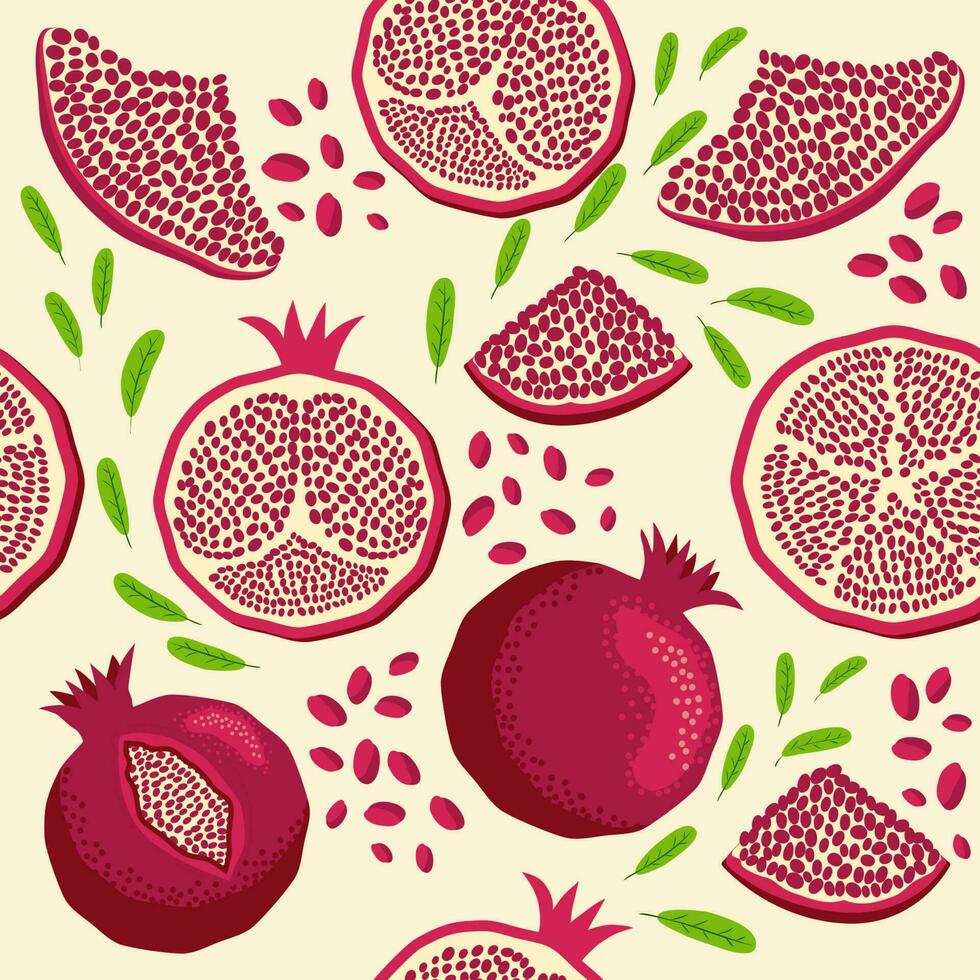 Pomegranate fruit seamless pattern. Bright leaves and fruits, seeds and lobules. Shana Tova seamless pattern vector