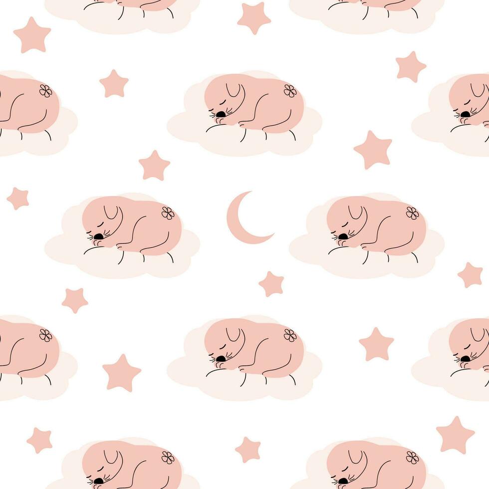 Cute sleeping puppy, clouds, stars, crown, butterflies Seamless pattern. Gentle colors. For newborns vector