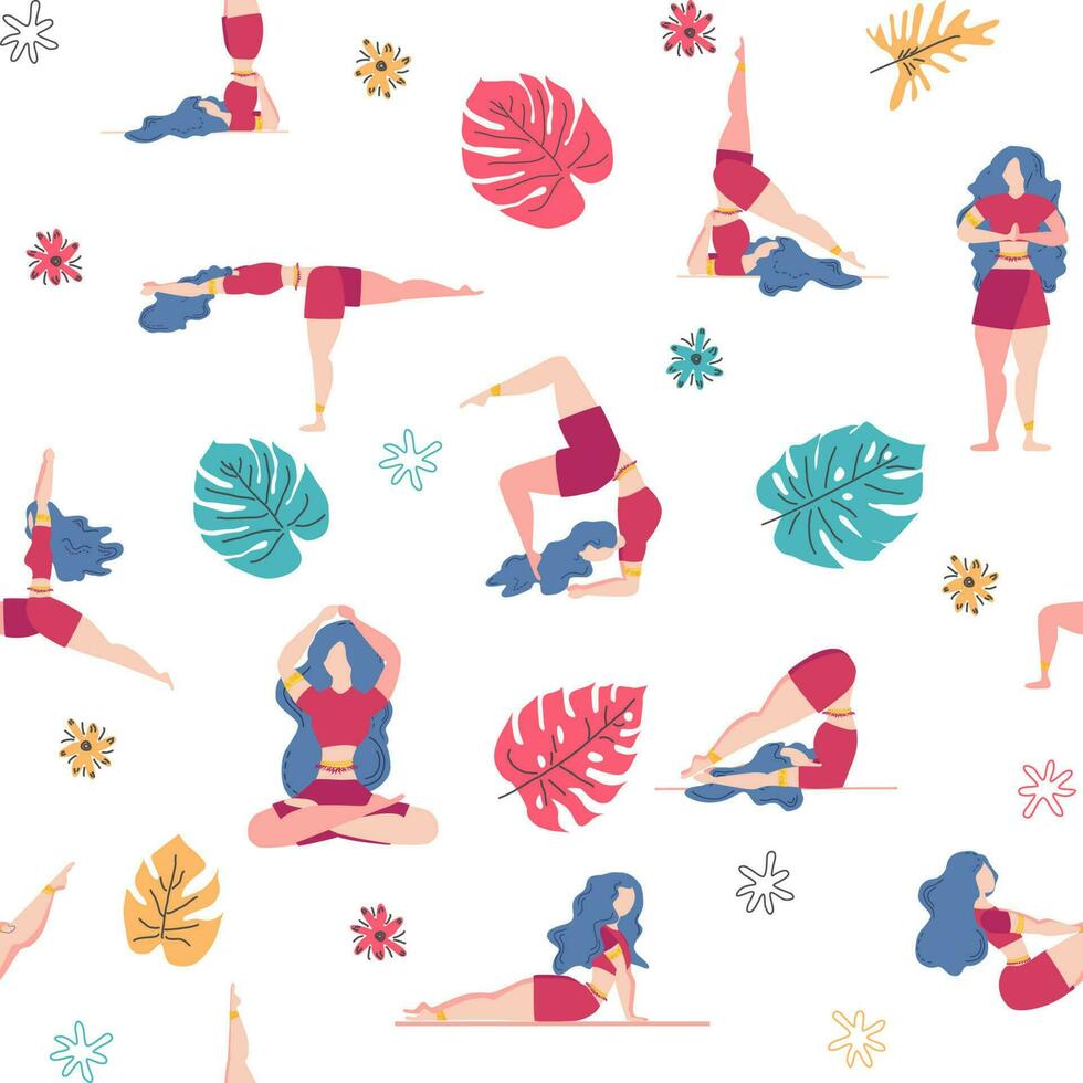 Yoga seamless pattern woman is engaged. Yoga poses, lotus, monstera. Health of mind and body vector