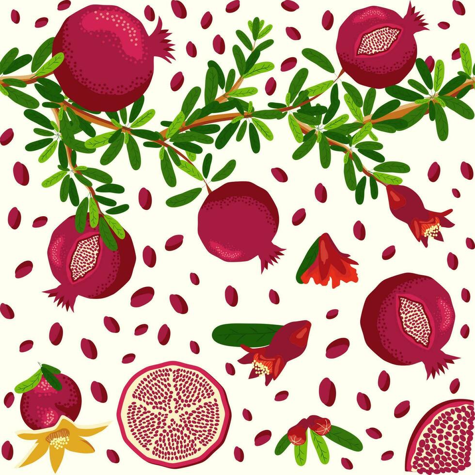 Pomegranate branches with fruits and flowers Seamless pattern. Bright leaves and fruits. Jewish New Year vector