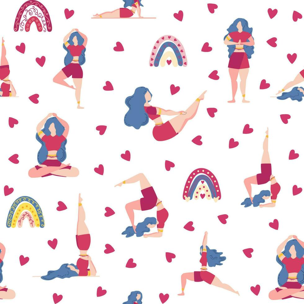 Yoga seamless pattern woman is engaged. Yoga poses, lotus, monstera. Health of mind and body vector