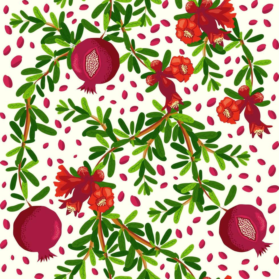 Pomegranate branches with fruits and flowers Seamless pattern. Bright leaves and fruits. Jewish New Year vector