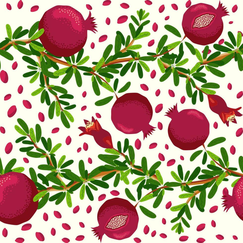 Pomegranate branches with fruits and flowers Seamless pattern. Bright leaves and fruits. Jewish New Year vector