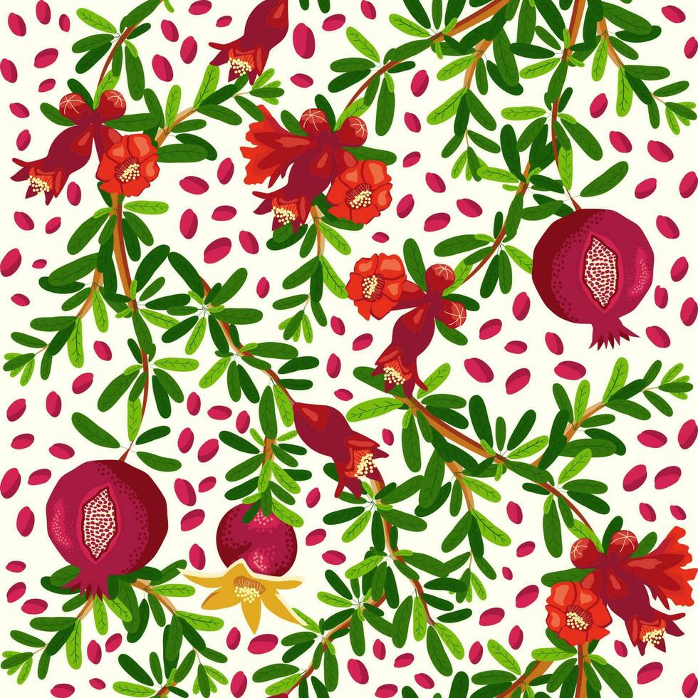 Pomegranate branches with fruits and flowers Seamless pattern. Bright leaves and fruits. Jewish New Year vector