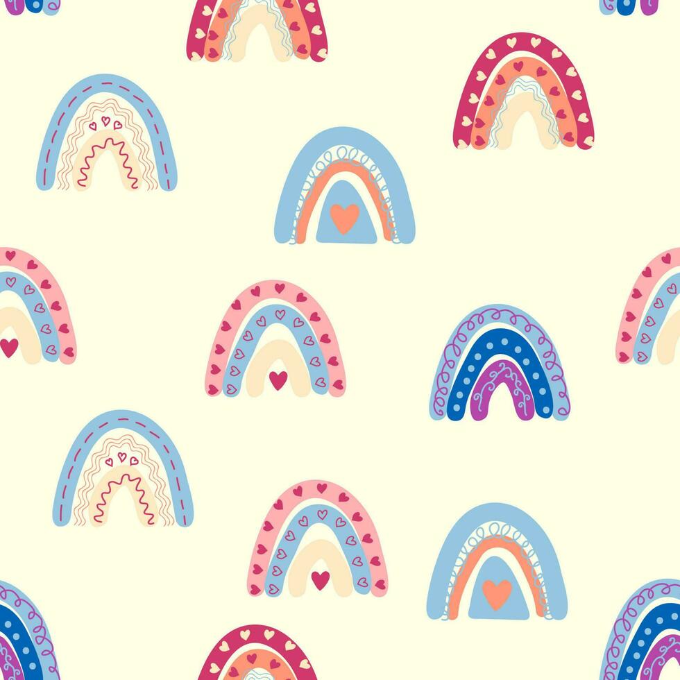 Seamless pattern graceful rainbows in boho colors. Scandinavian baby hand style for newborns. vector