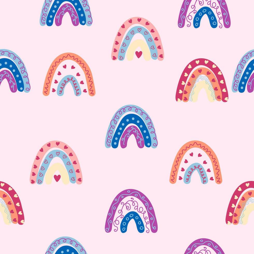 Seamless pattern graceful rainbows in boho colors. Scandinavian baby hand style for newborns. vector
