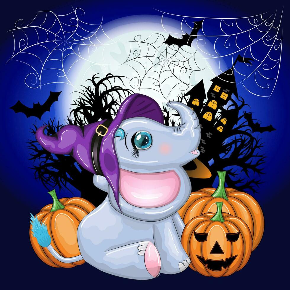 Cute cartoon elephant, childish character in wizard hat with pumpkin, potion or broom. Halloween postcard vector