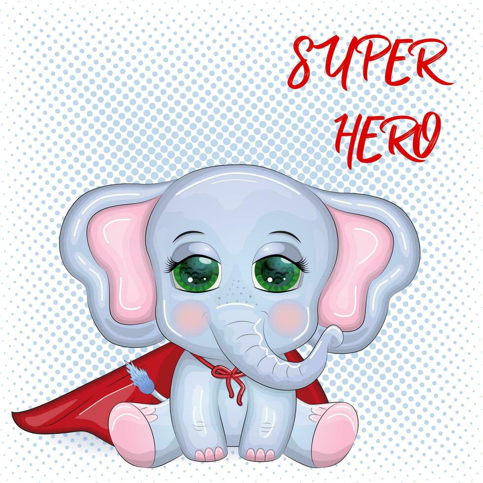 Cute cartoon elephant, childish character in super hero red cape vector