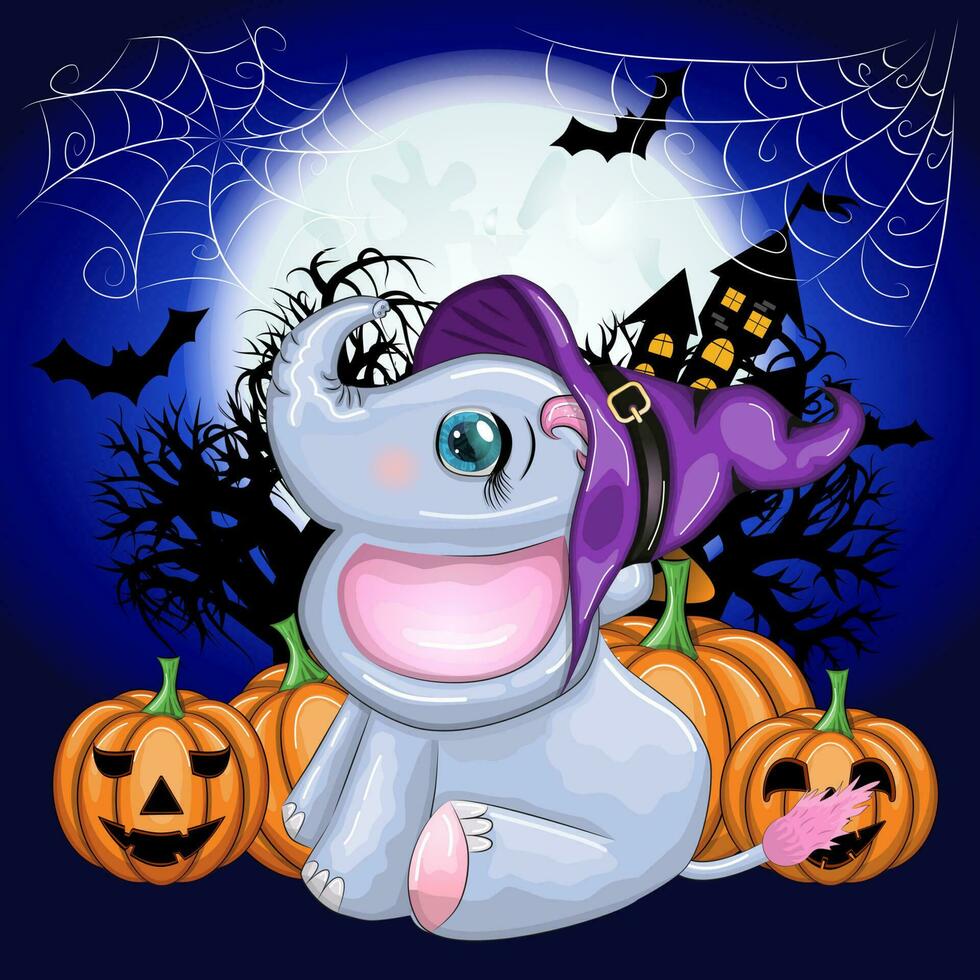 Cute cartoon elephant, childish character in wizard hat with pumpkin, potion or broom. Halloween postcard vector