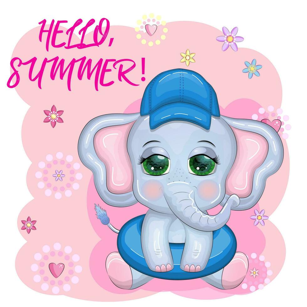 Cute cartoon elephant, children's character in a swimming circle and panama hat, summer, vacation, beach vector