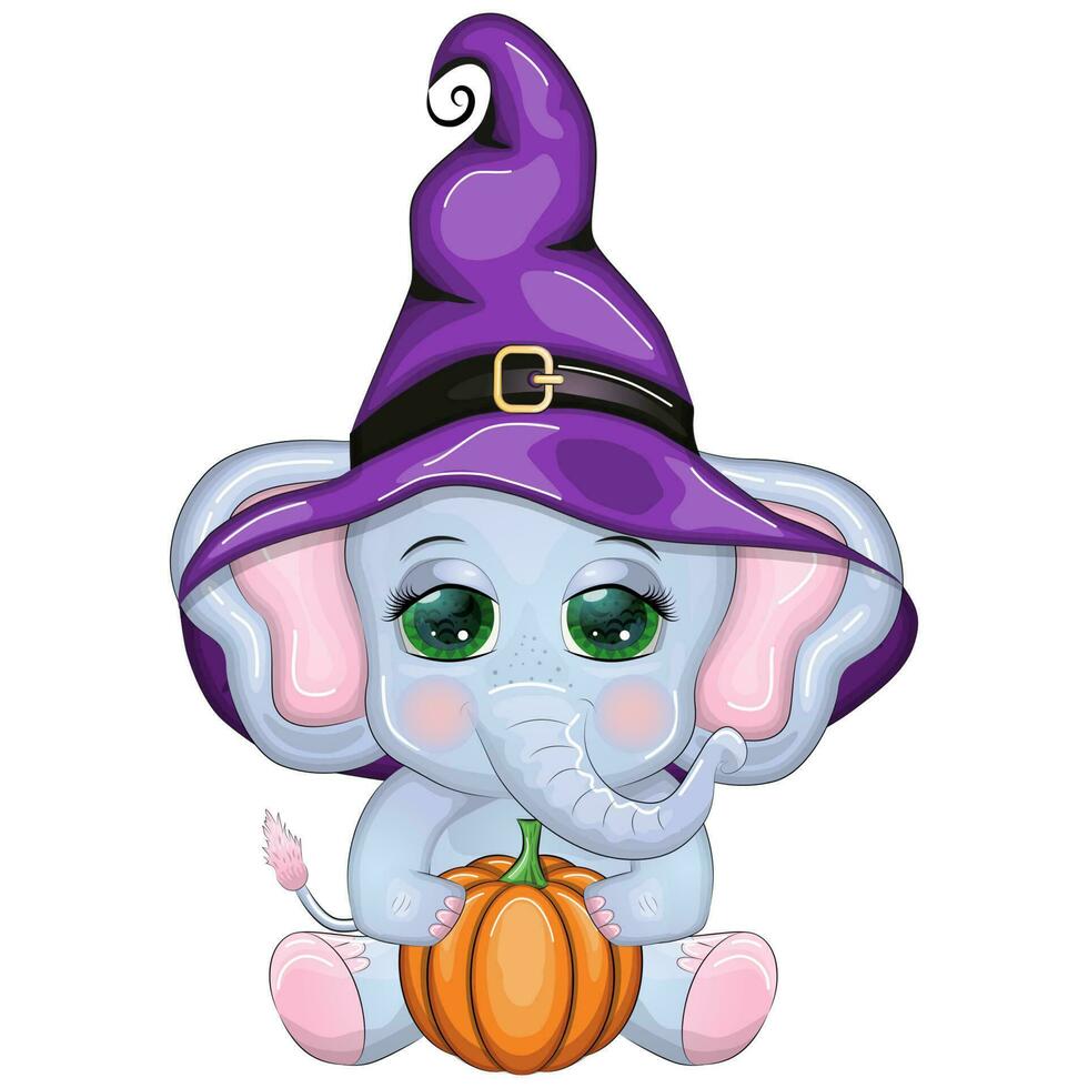 linda dibujos animados elefante, infantil personaje en mago sombrero con calabaza, poción o escoba, Víspera de Todos los Santos vector