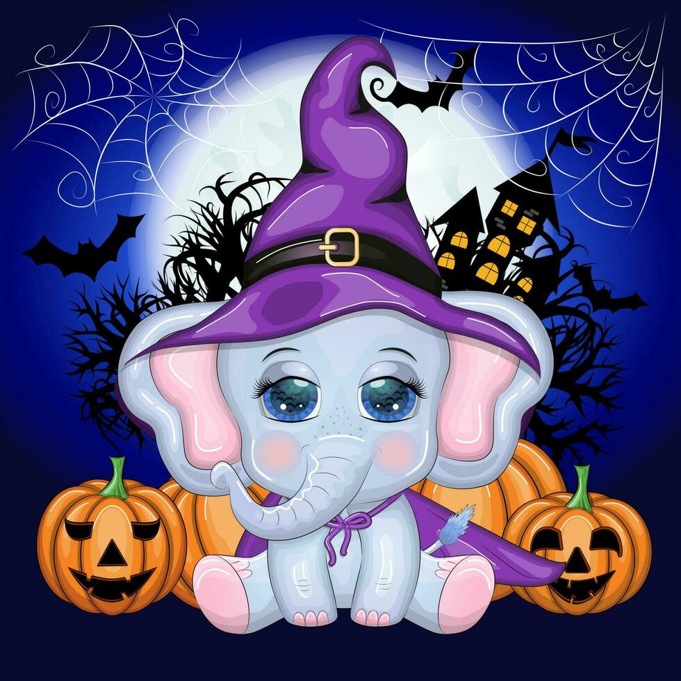 Cute cartoon elephant, childish character in wizard hat with pumpkin, potion or broom. Halloween postcard vector