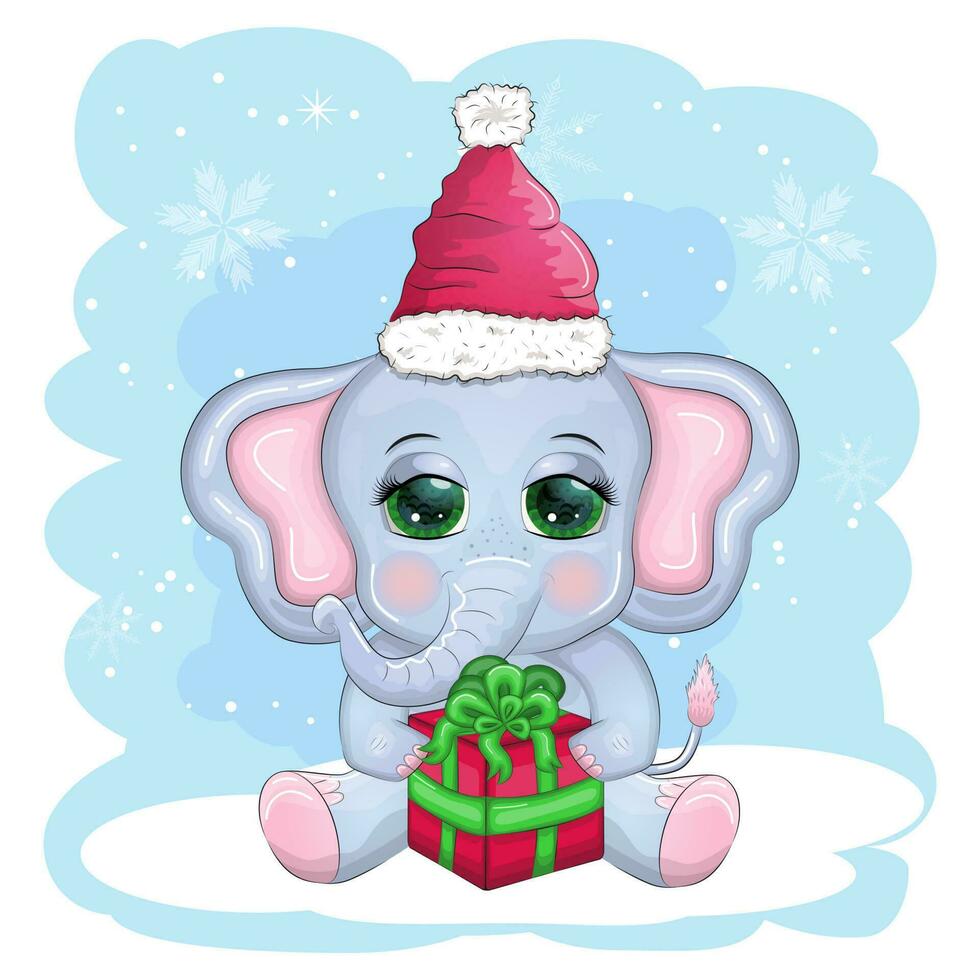 linda dibujos animados elefante, infantil personaje con hermosa ojos vistiendo Papa Noel sombrero, bufanda, participación regalo, Navidad pelota vector