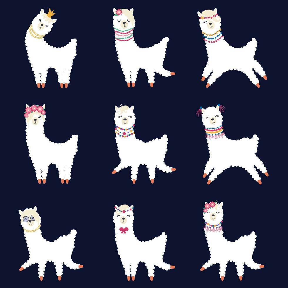 Llama set of cute animals. White alpaca with different muzzles vector