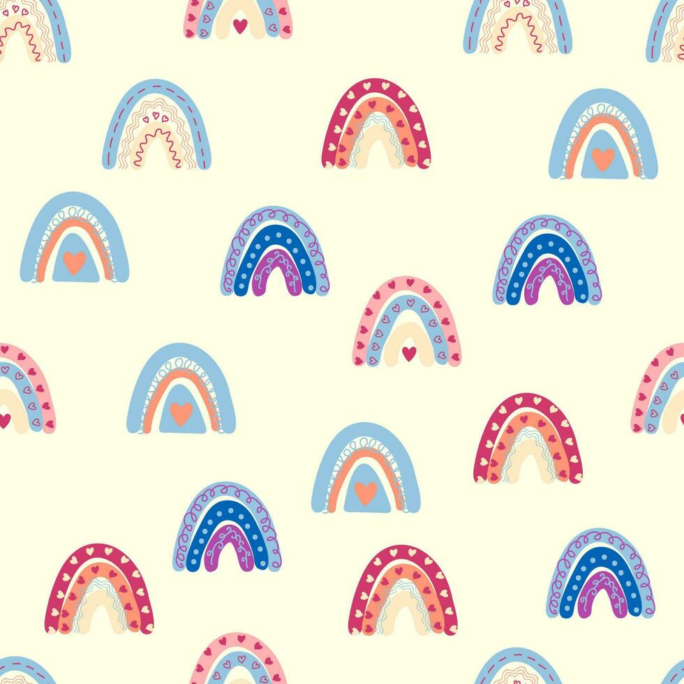 Seamless pattern graceful rainbows in boho colors. Scandinavian baby hand style for newborns. vector