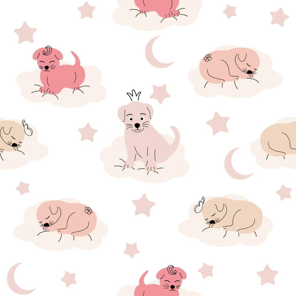 Cute sleeping puppy, clouds, stars, crown, butterflies Seamless pattern. Gentle colors. For newborns vector