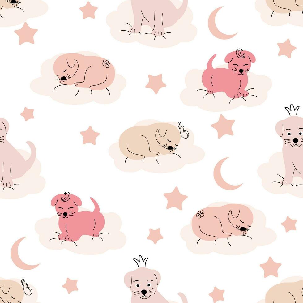 Cute sleeping puppy, clouds, stars, crown, butterflies Seamless pattern. Gentle colors. For newborns vector