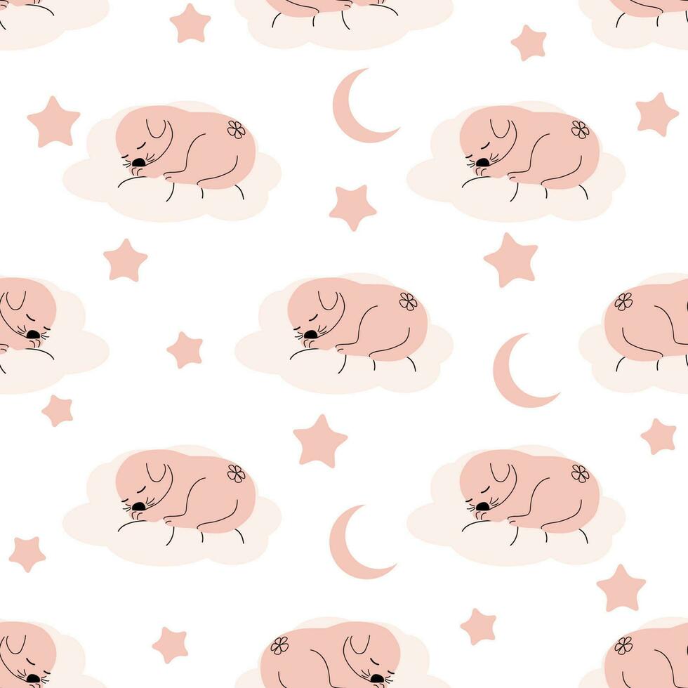 Cute sleeping puppy, clouds, stars, crown, butterflies Seamless pattern. Gentle colors. For newborns vector