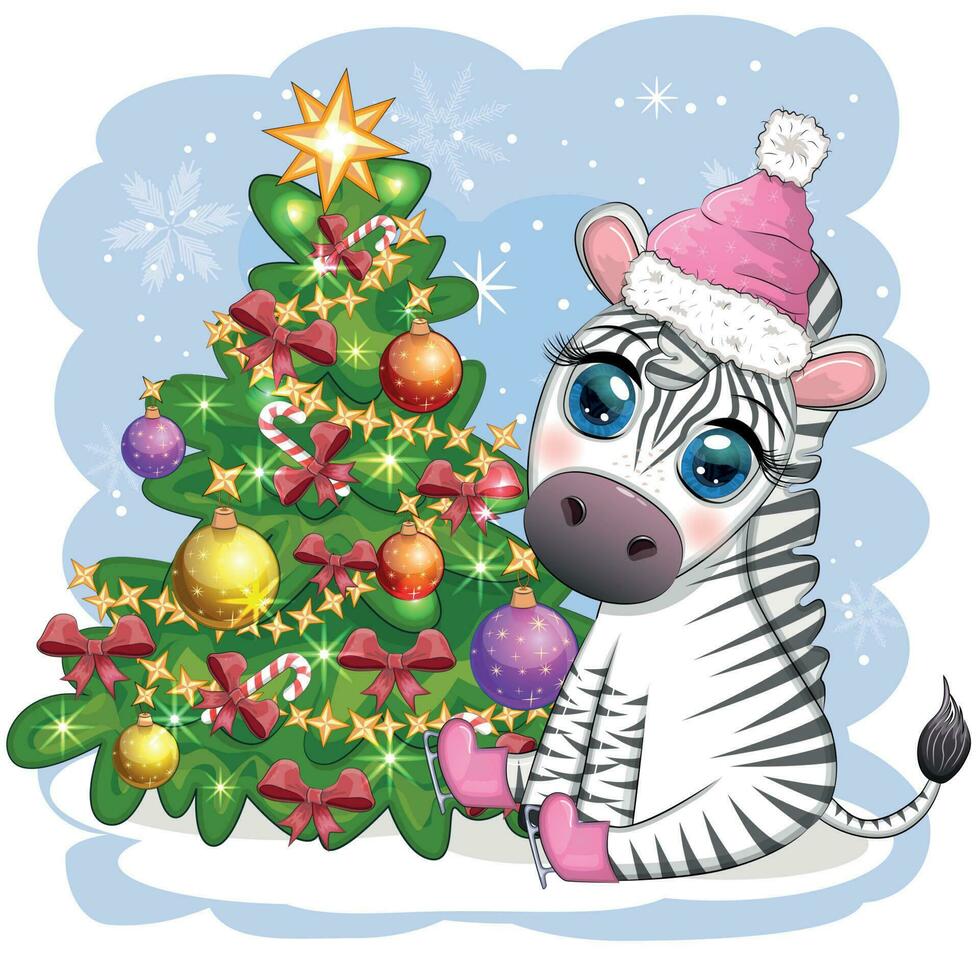 alegre Navidad y contento nuevo año saludo tarjeta con linda cebra en Papa Noel sombrero con Navidad pelota, caramelo Kane, regalo vector