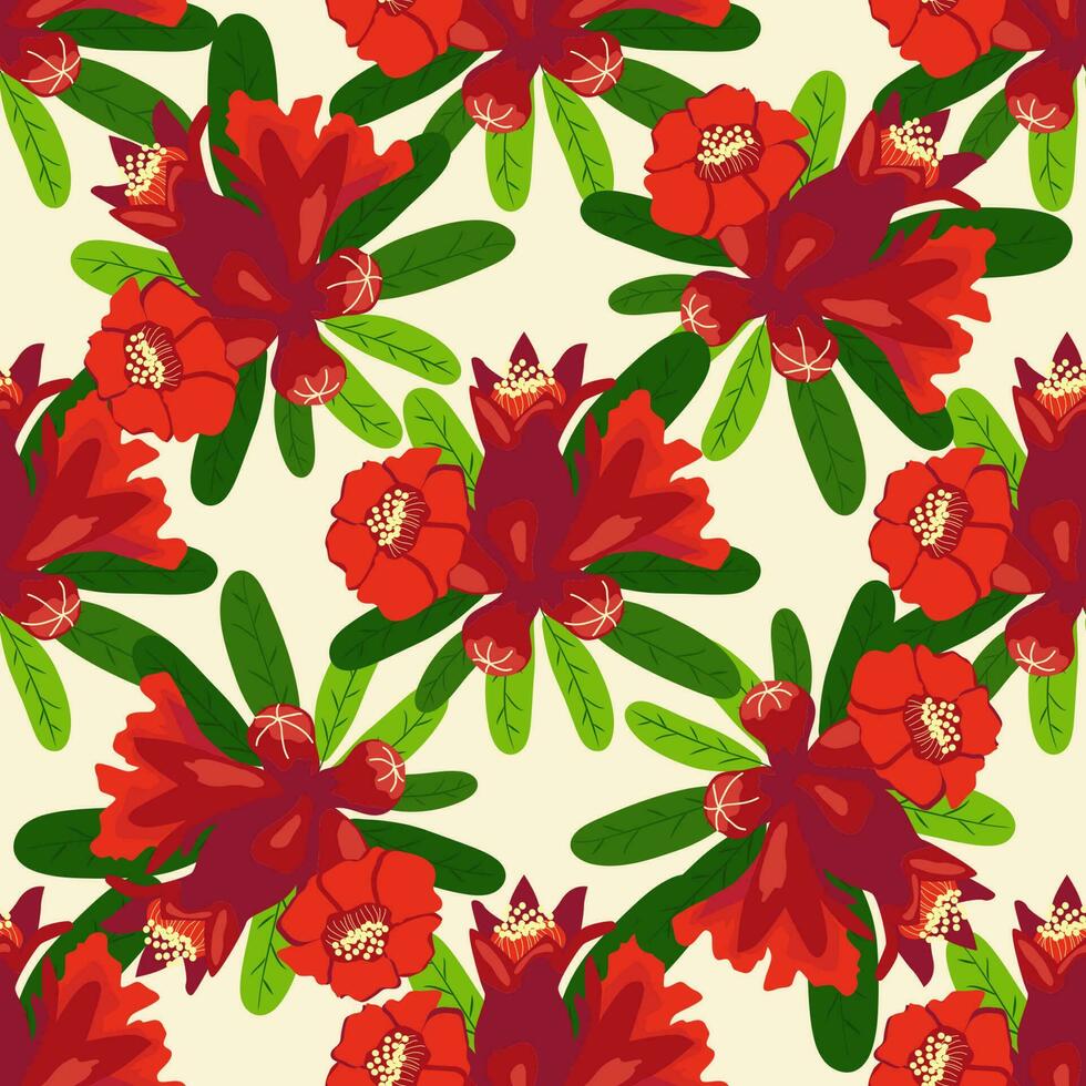 Pomegranate flowers Seamless pattern. Bright leaves and flowers. Shana Tova seamless pattern. Jewish New Year vector