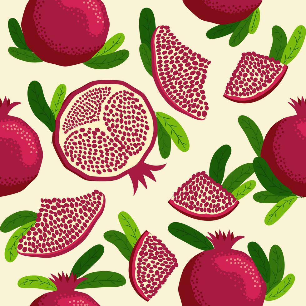 Pomegranate fruit seamless pattern. Bright leaves and fruits, seeds and lobules. Shana Tova seamless pattern vector