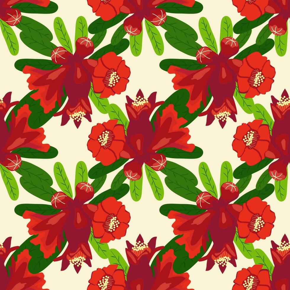 Pomegranate flowers Seamless pattern. Bright leaves and flowers. Shana Tova seamless pattern. Jewish New Year vector